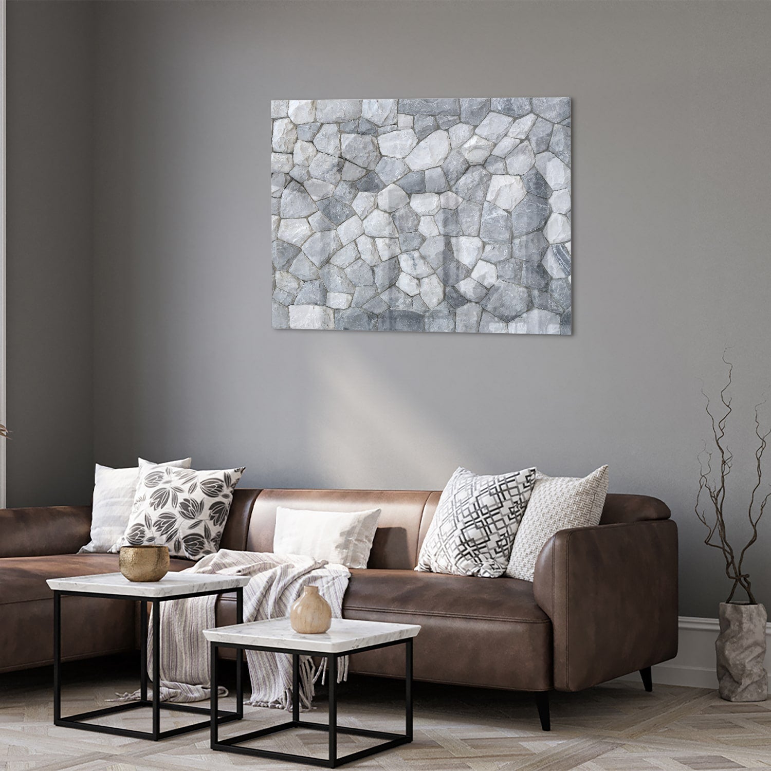 Elegantes Glasbild mit grauen Steinen