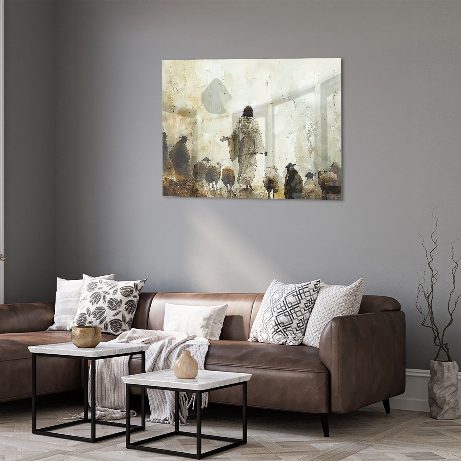 Glasbild mit spirituellem Wegweiser und Schafen