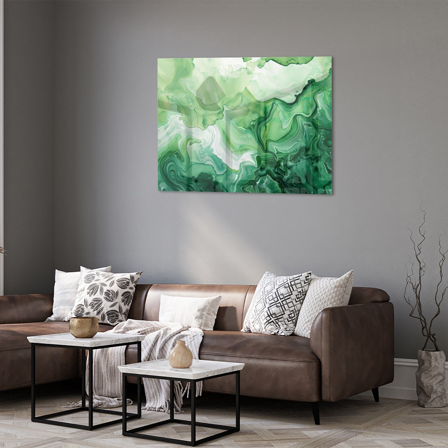Grünes marmoriertes Glasbild für moderne Innenräume