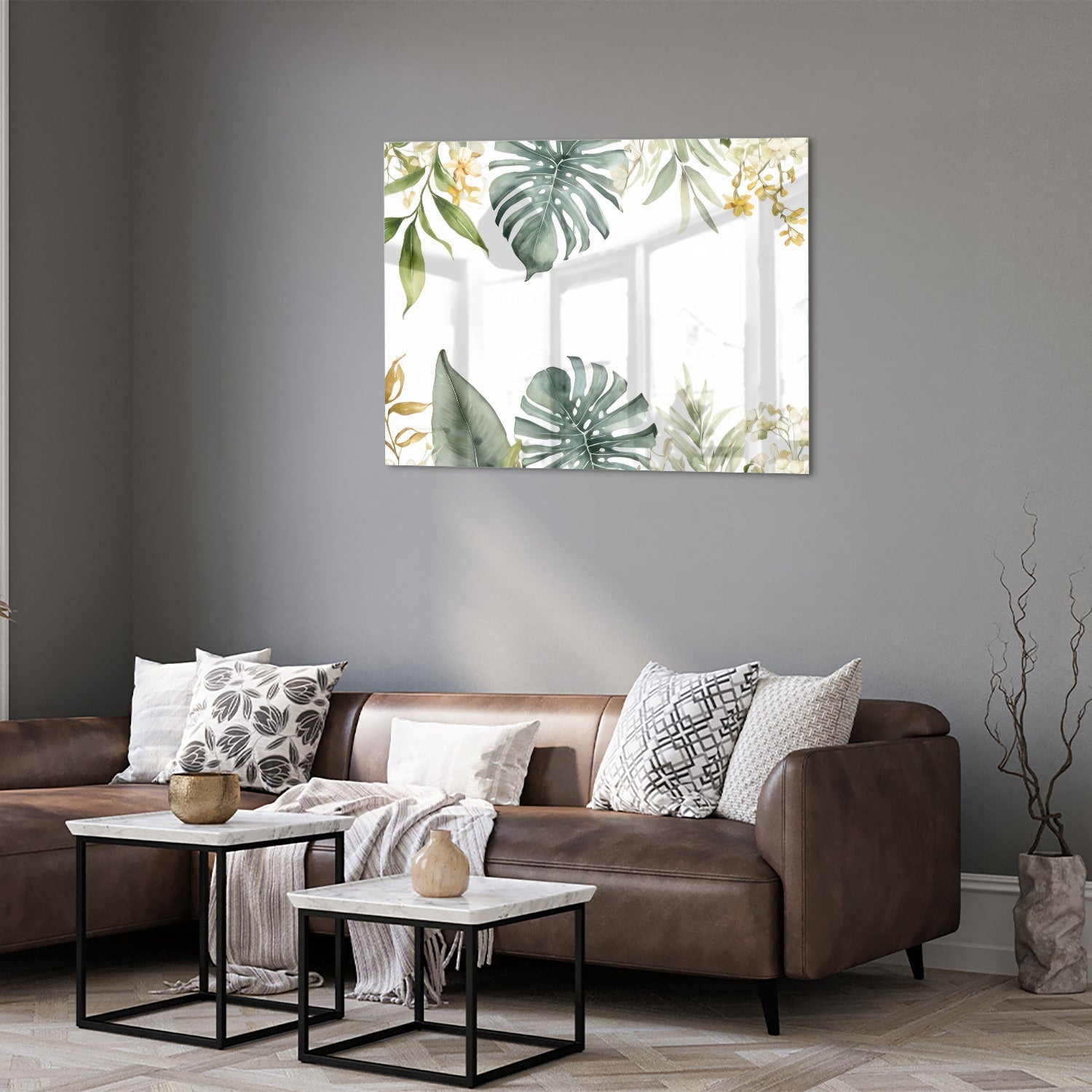 Glasbild mit tropischen Blättern und botanischer Flora