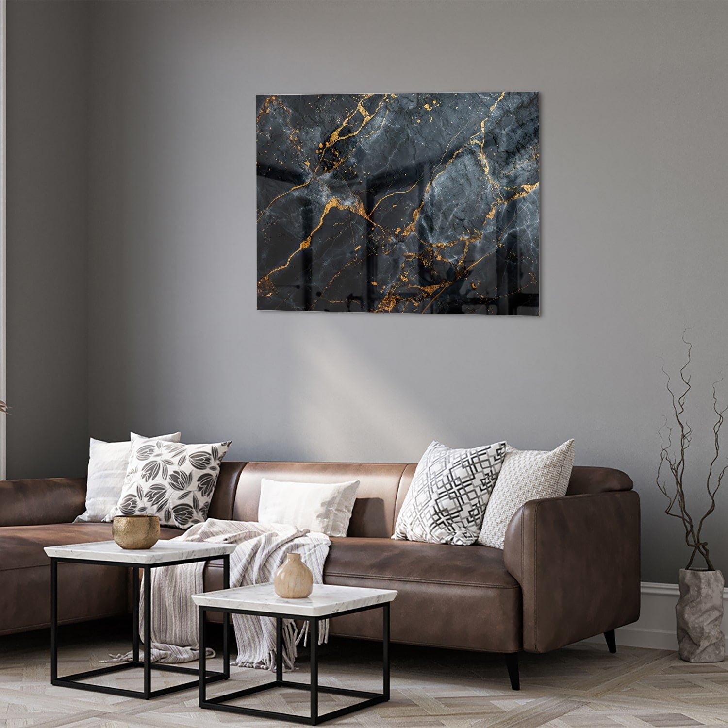 Elegantes Glasbild mit Marmoroptik und goldenen Adern