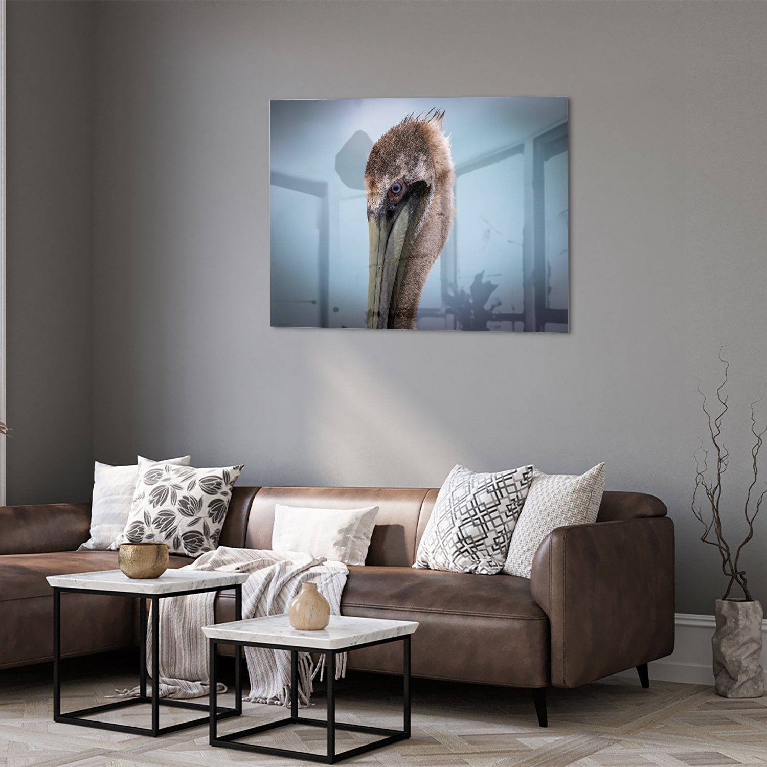 Stilvolles Glasbild mit Pelikan-Porträt
