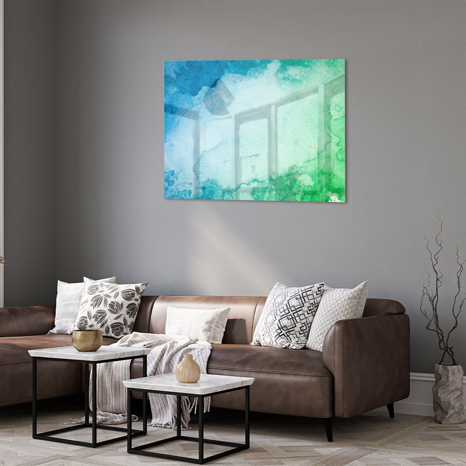 Abstraktes Glasbild in Blau und Grün