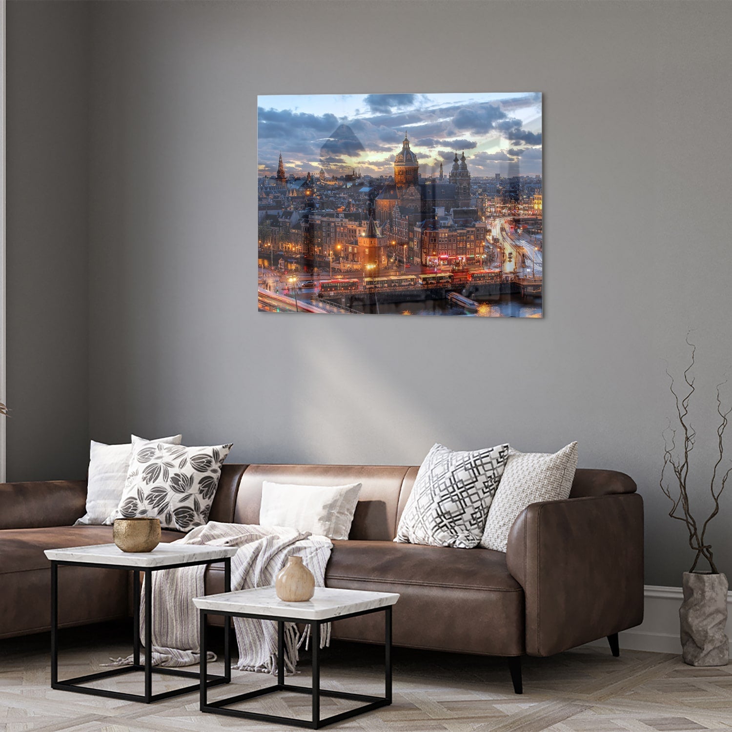 Stimmungsvolles Glasbild mit urbaner Landschaft