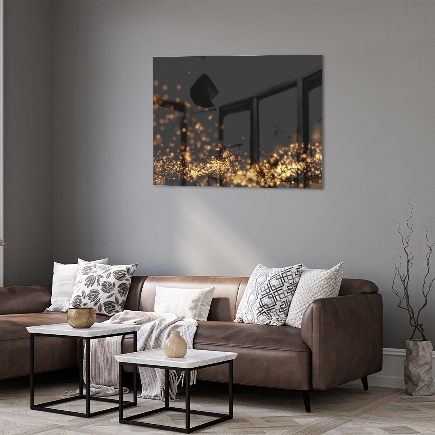 Glasbild mit goldenen Lichtpunkten auf schwarzem Hintergrund