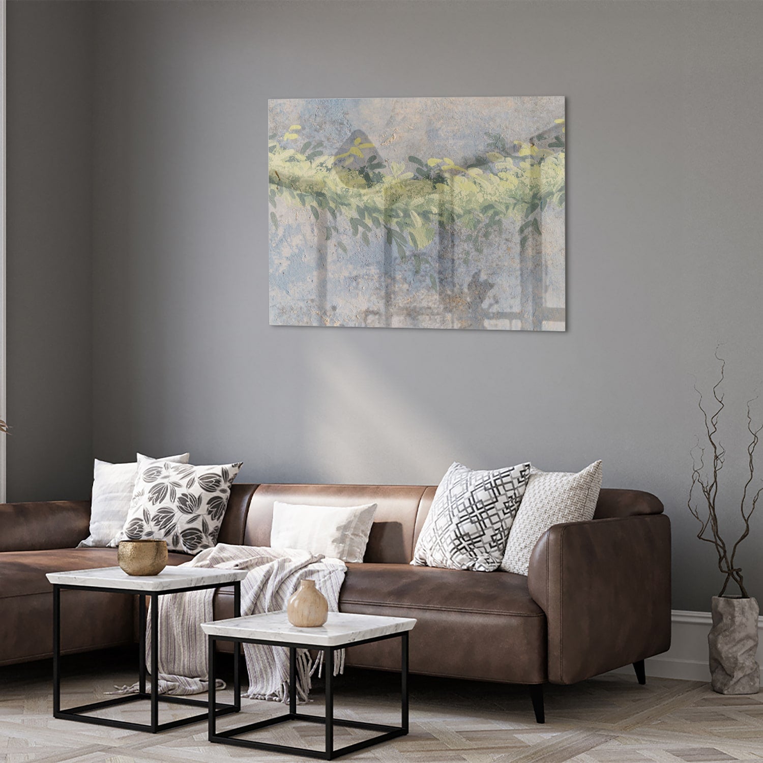 Fröhliches Glasbild mit gelben Blumen