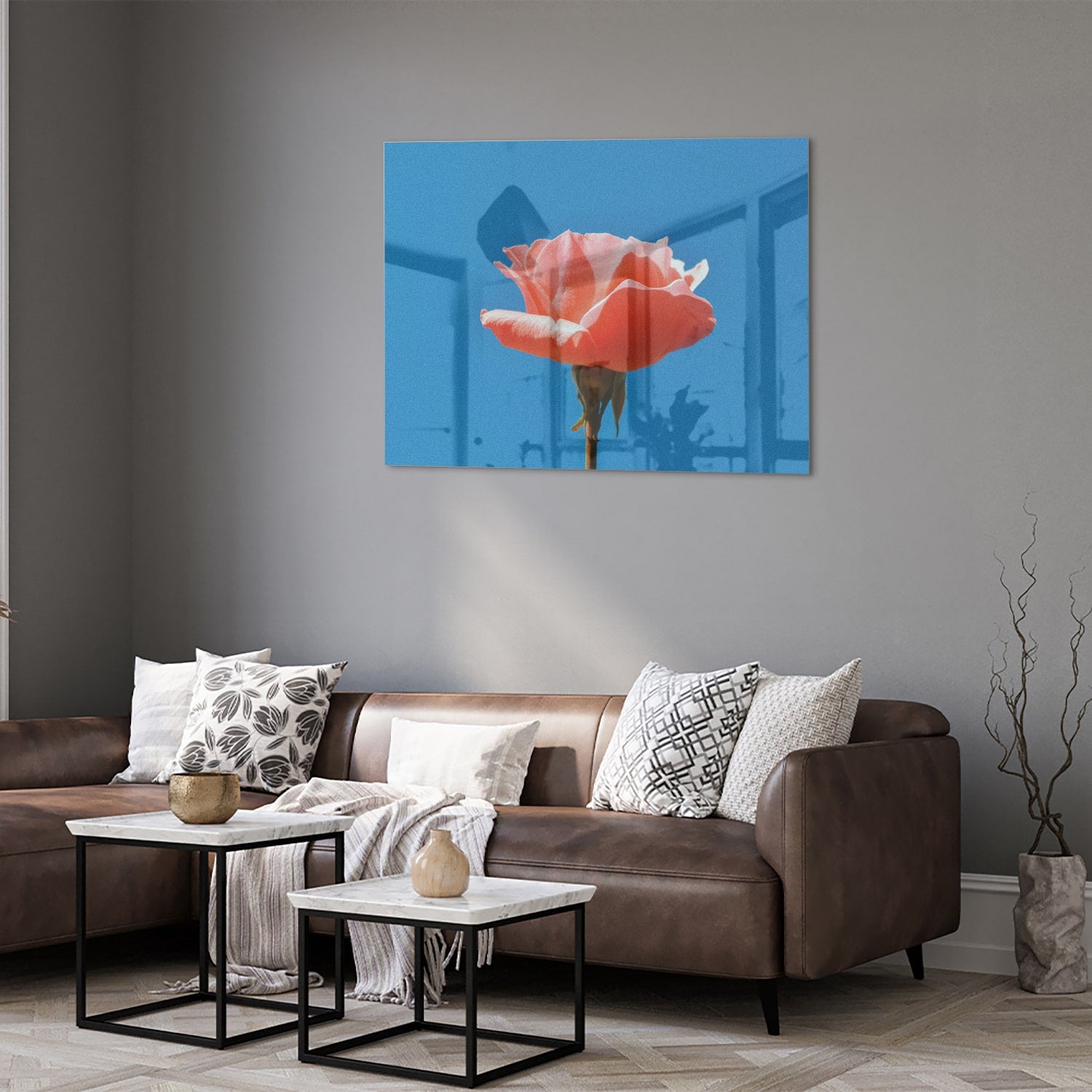 Glasbild rosa Rose auf blauem Hintergrund