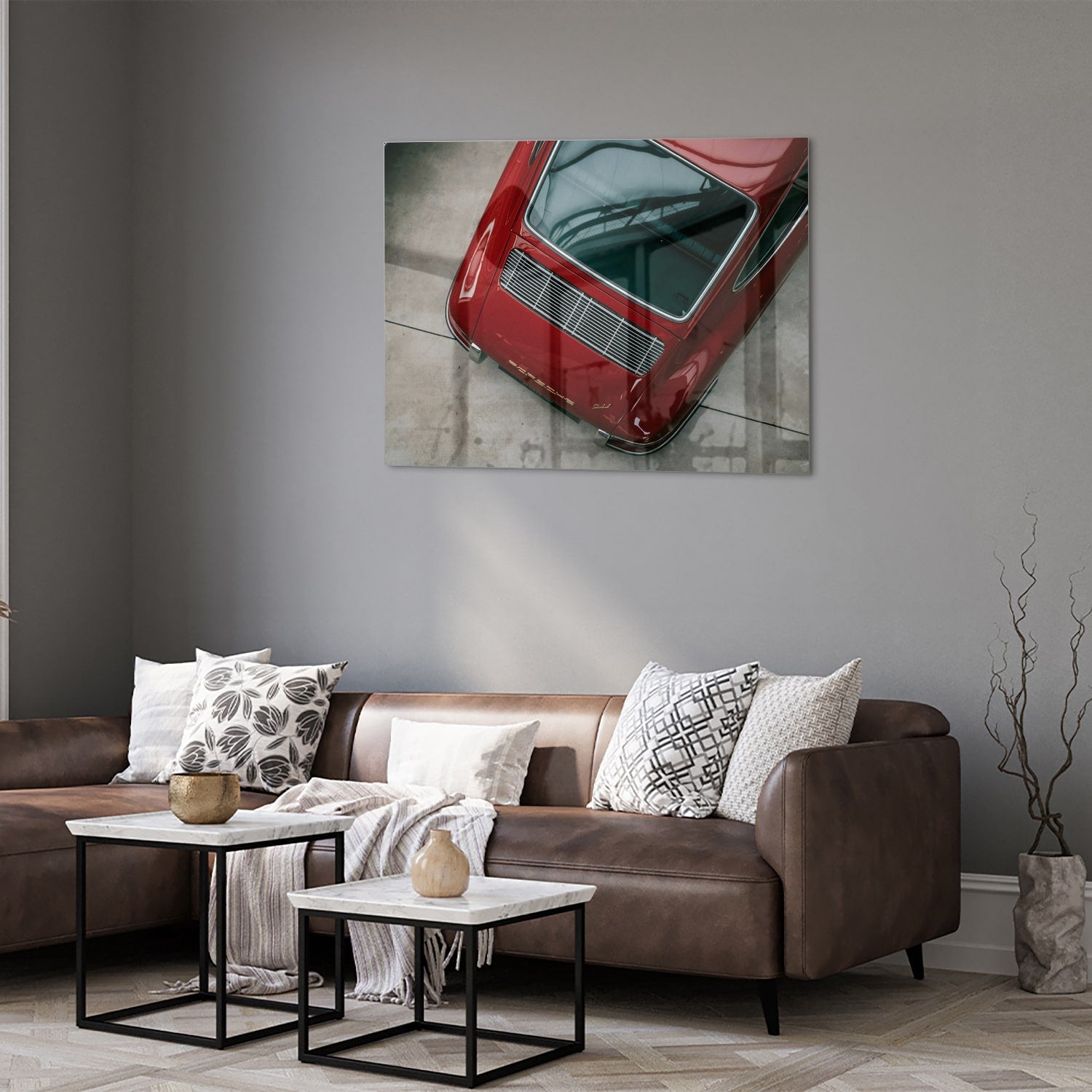 Stilvolles Glasbild mit einem roten Auto