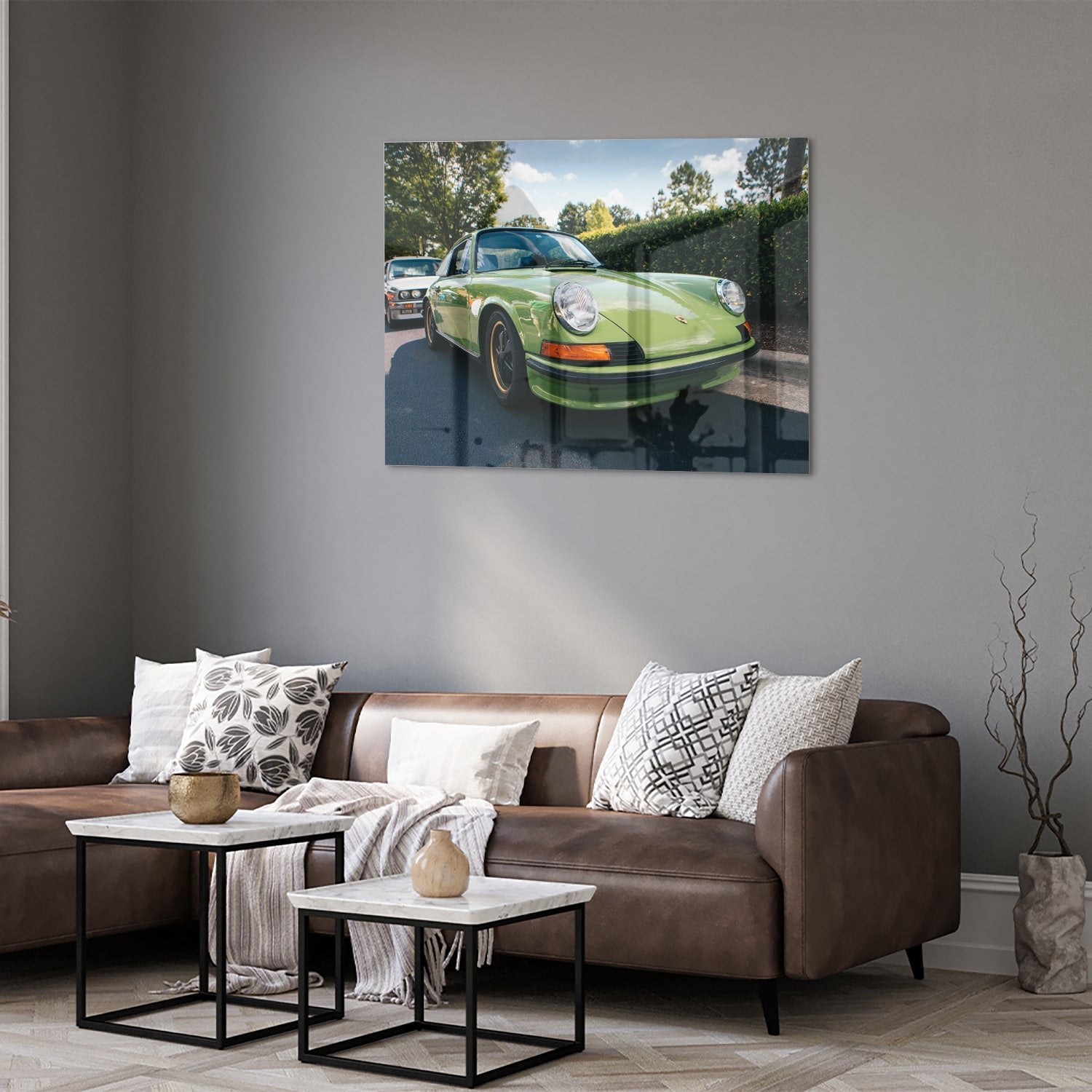 Glasbild mit einzigartigem grünen Porsche für moderne Innenräume