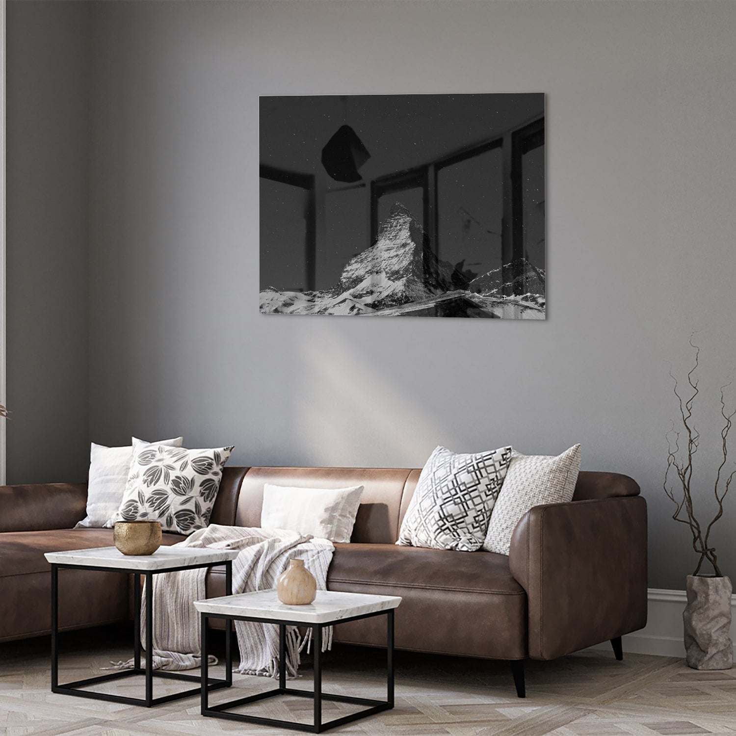 Schwarz-Weiß Glasbild mit Berglandschaft