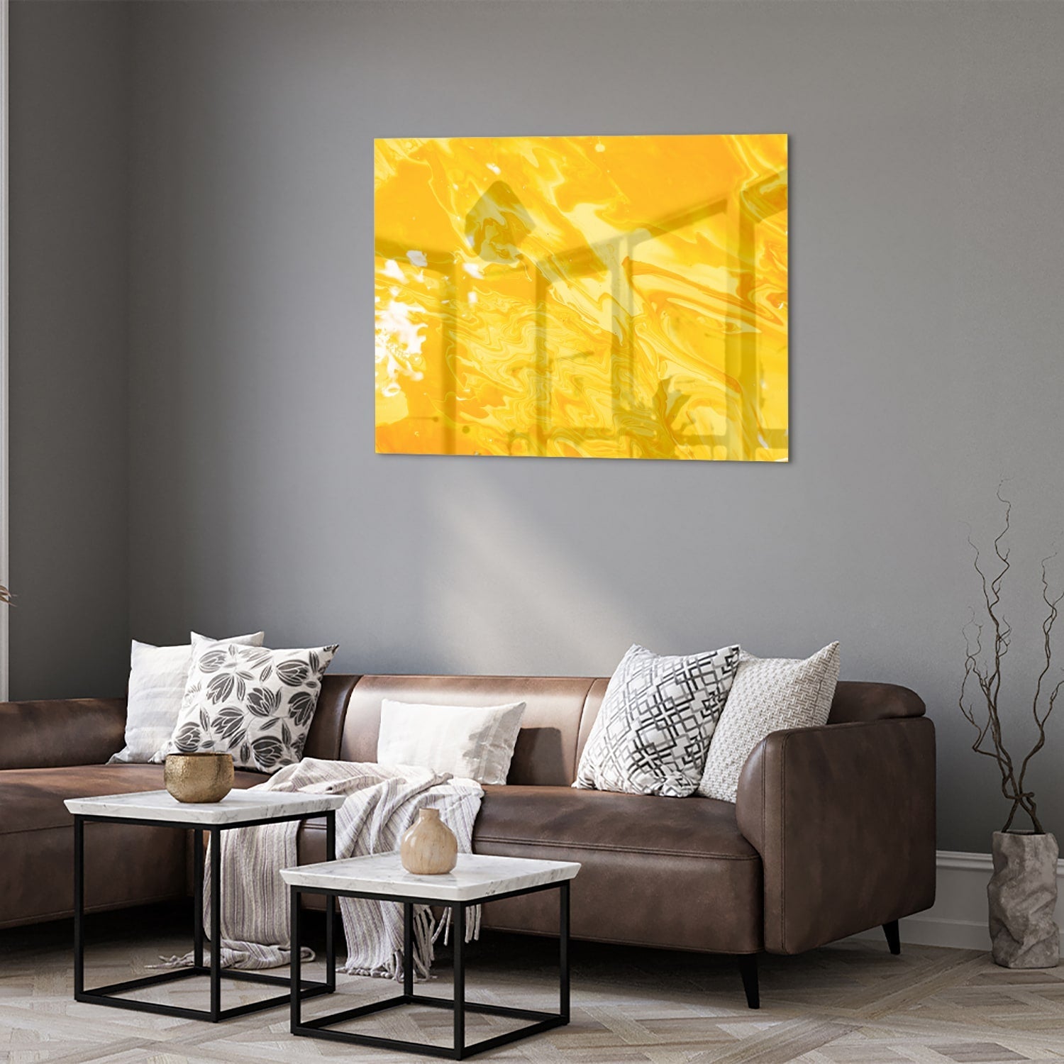 Leuchtend gelbes Glasbild für moderne Innenräume