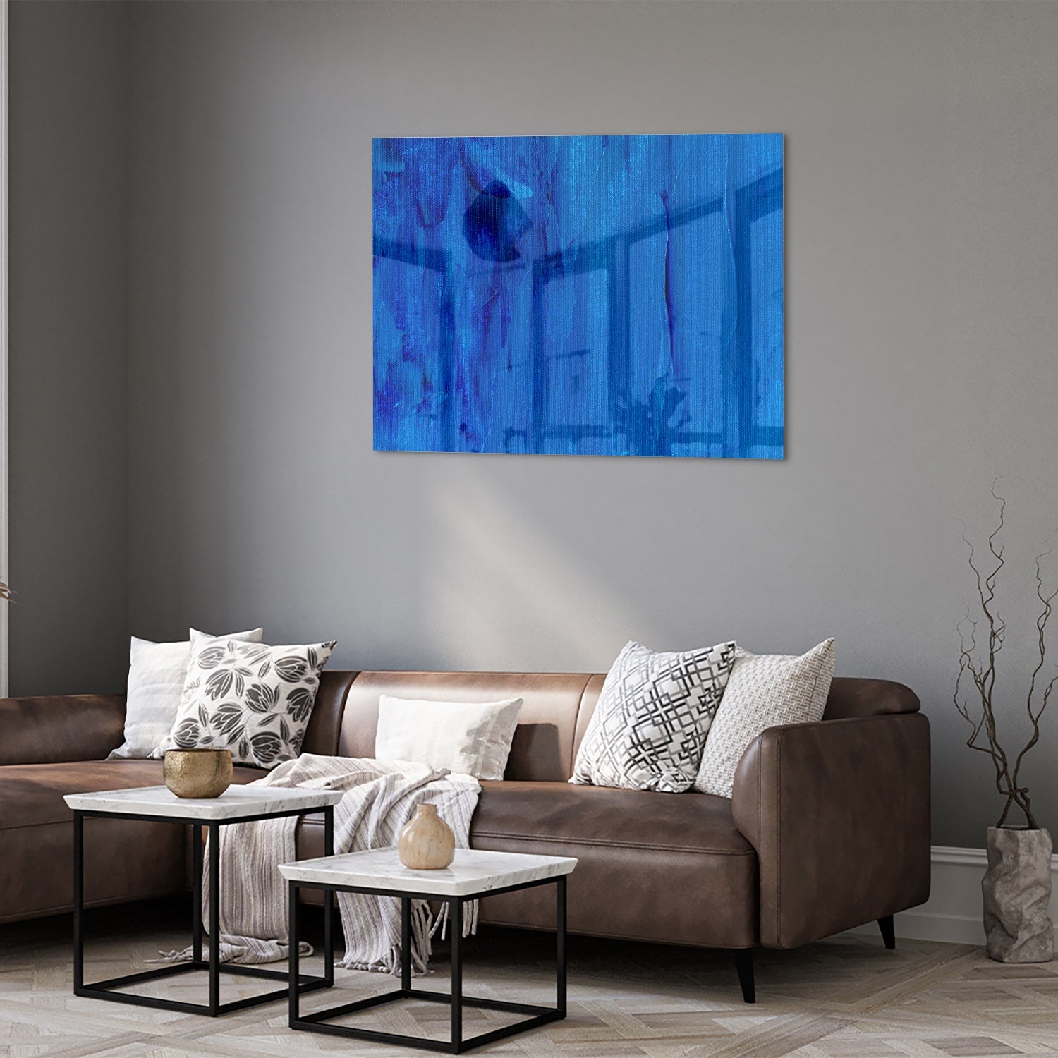Blaues abstraktes Glasbild für moderne Innenräume