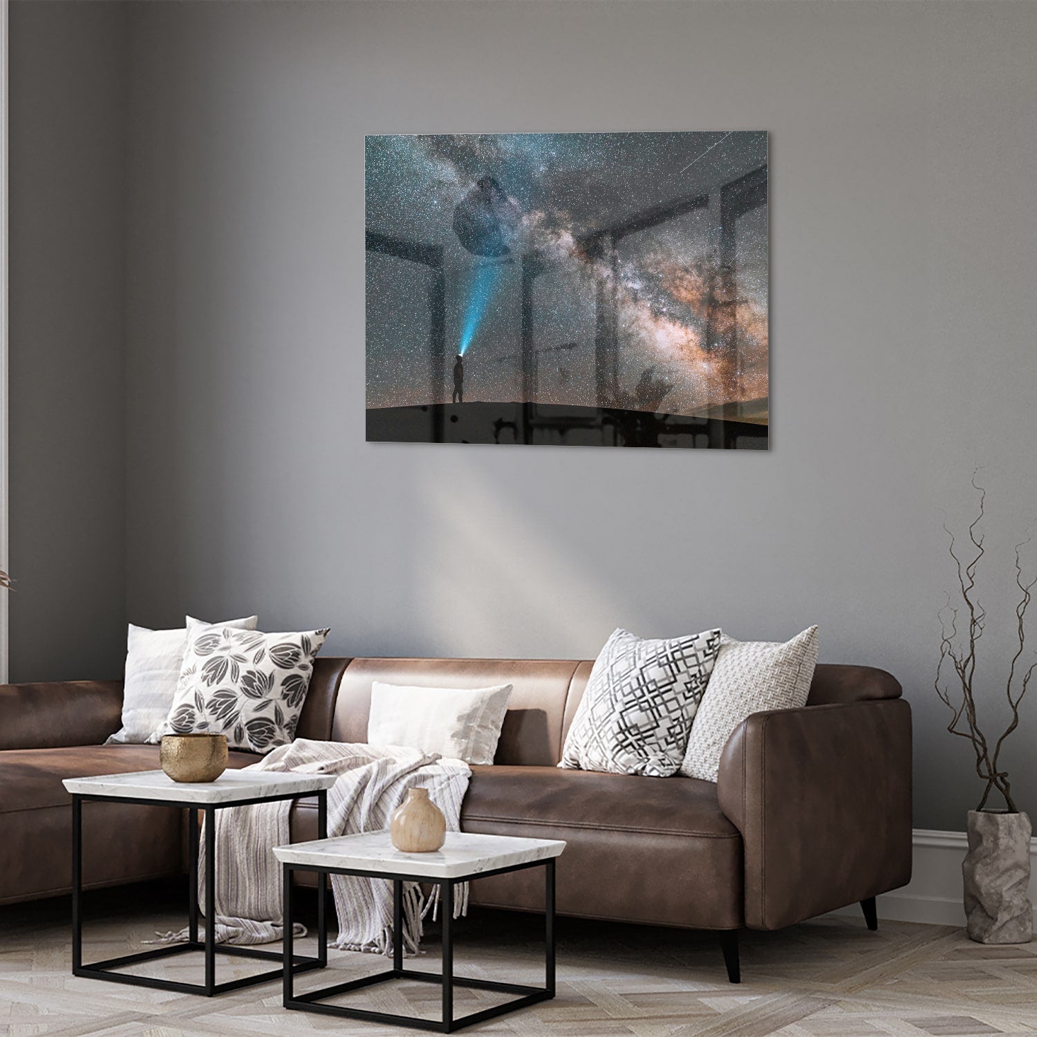 Glasbild Sternenhimmel mit Lichtstrahl