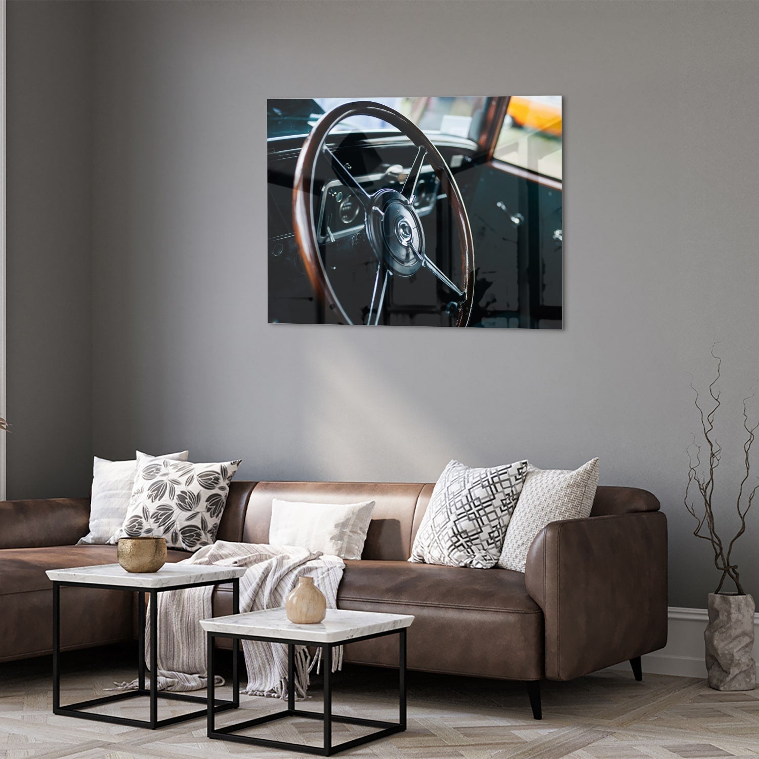 Glasbild Vintage-Glasbild mit klassischem Lenkrad