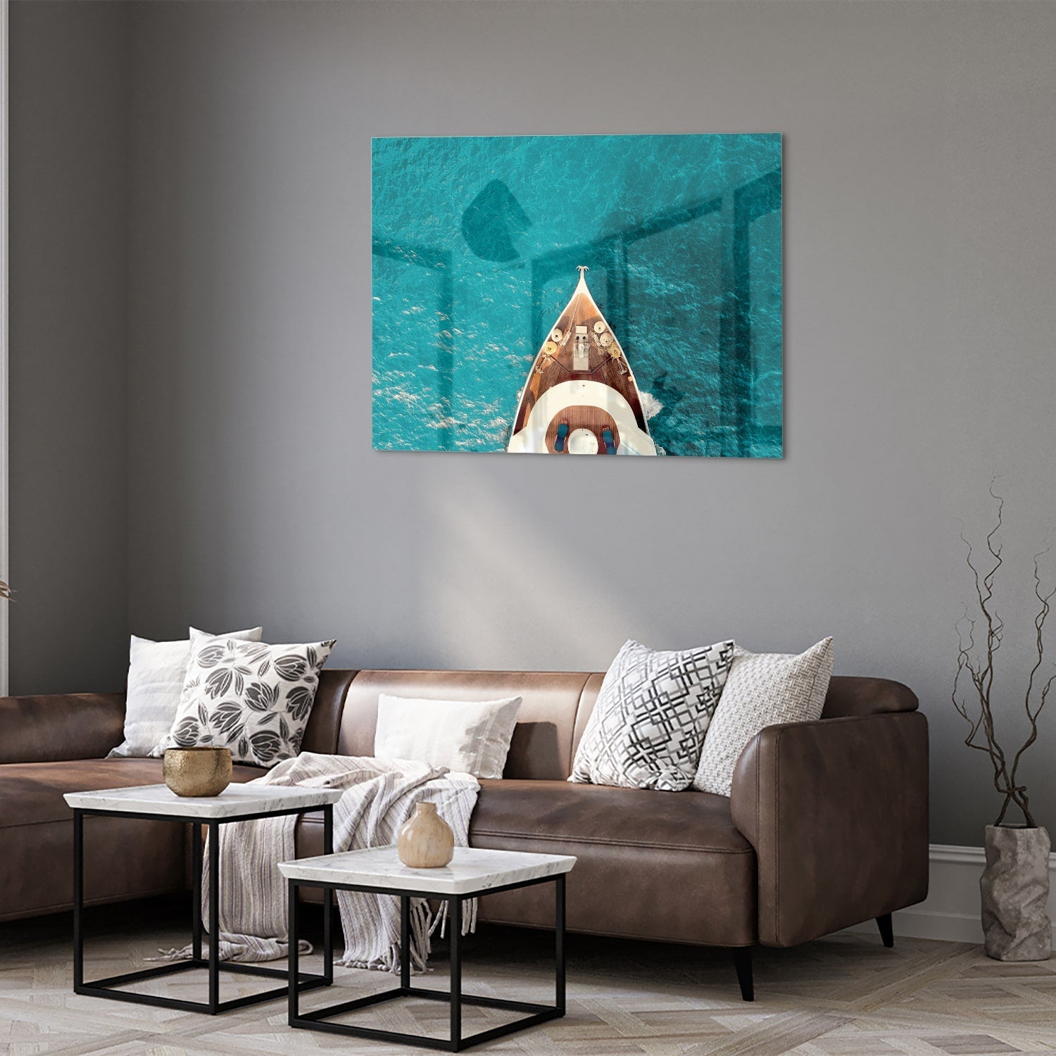 Glasbild mit einem Boot über Wasser