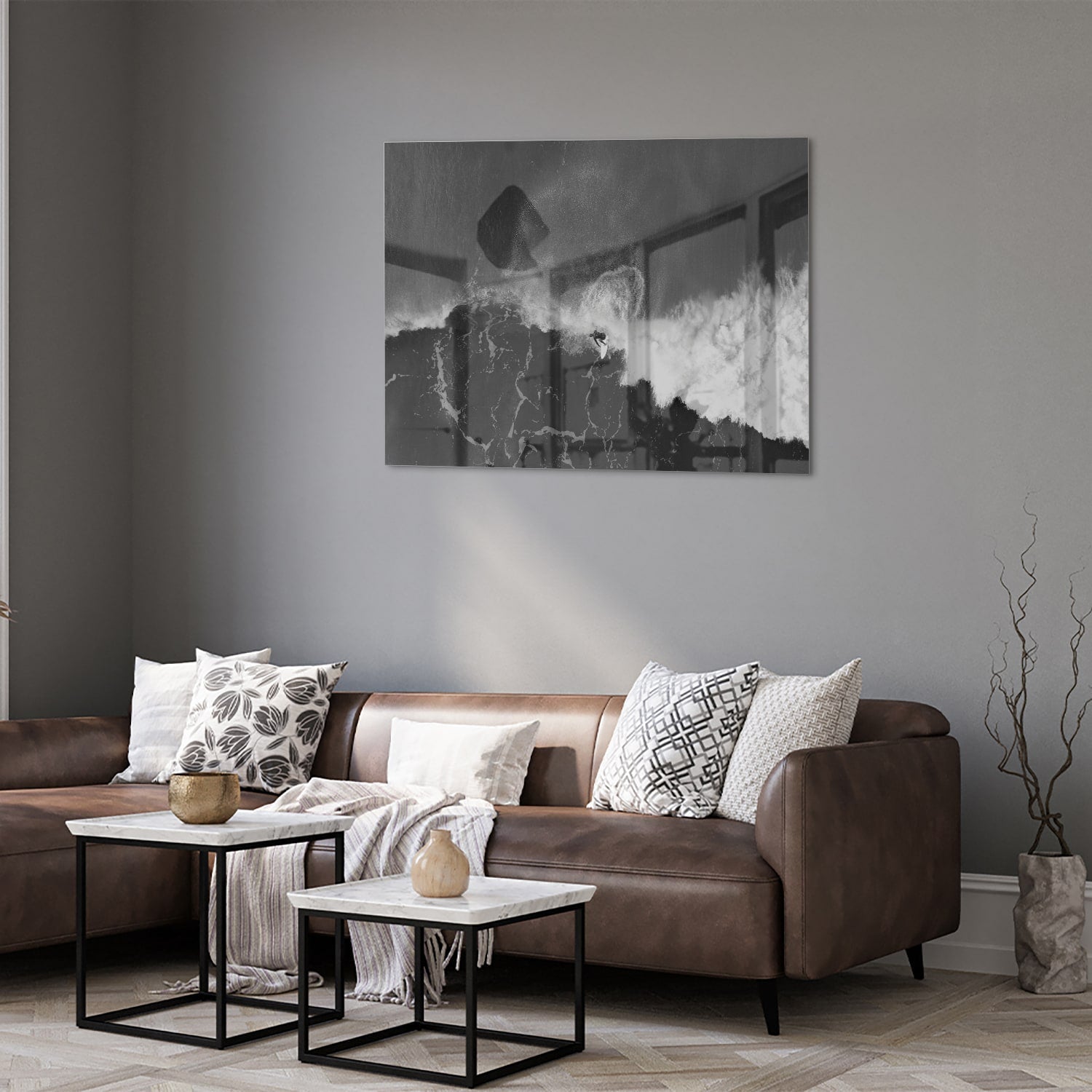 Abstraktes Schwarz-Weiß-Glasbild für ein modernes Interieur