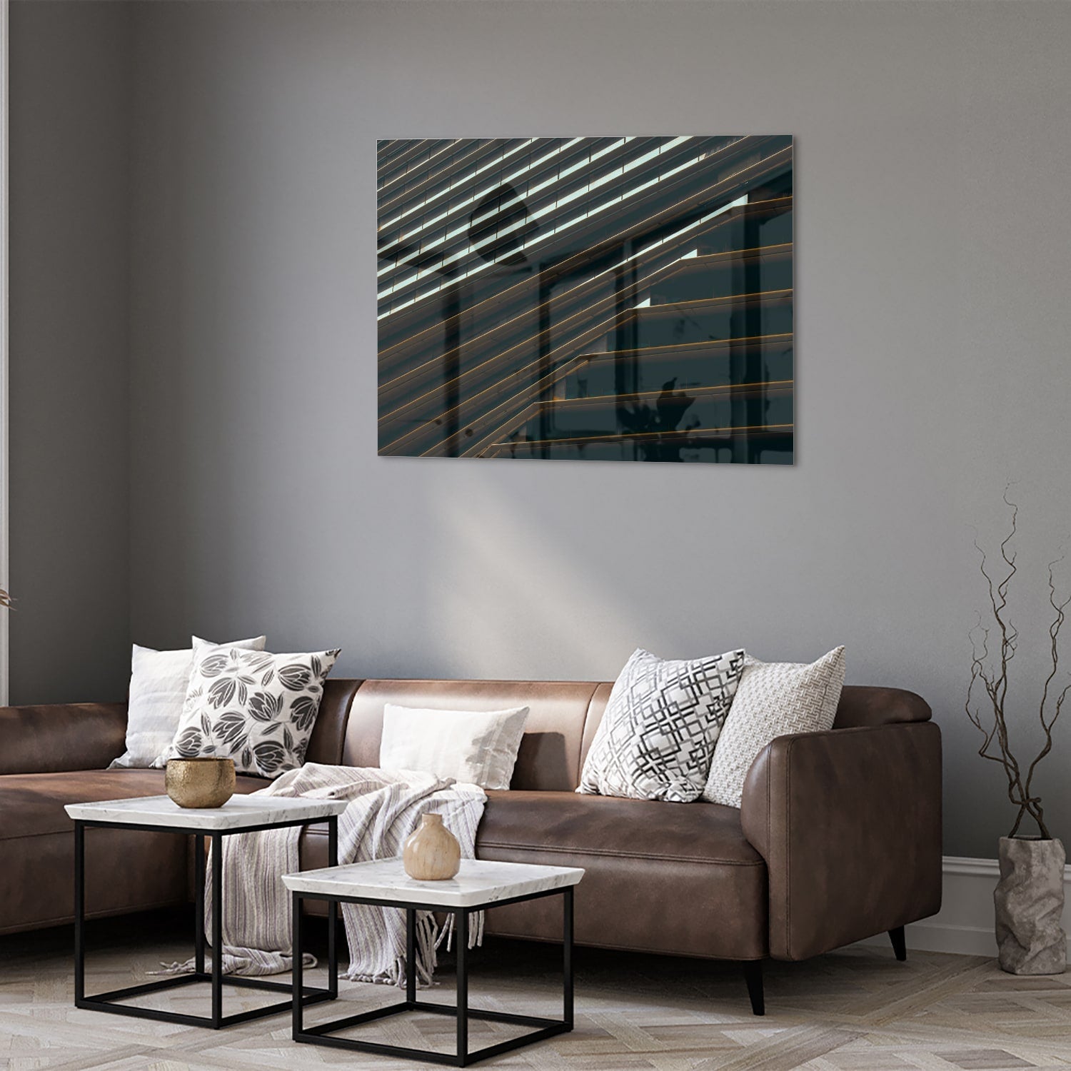 Modernes Glasbild mit schwarzen Linien und Licht