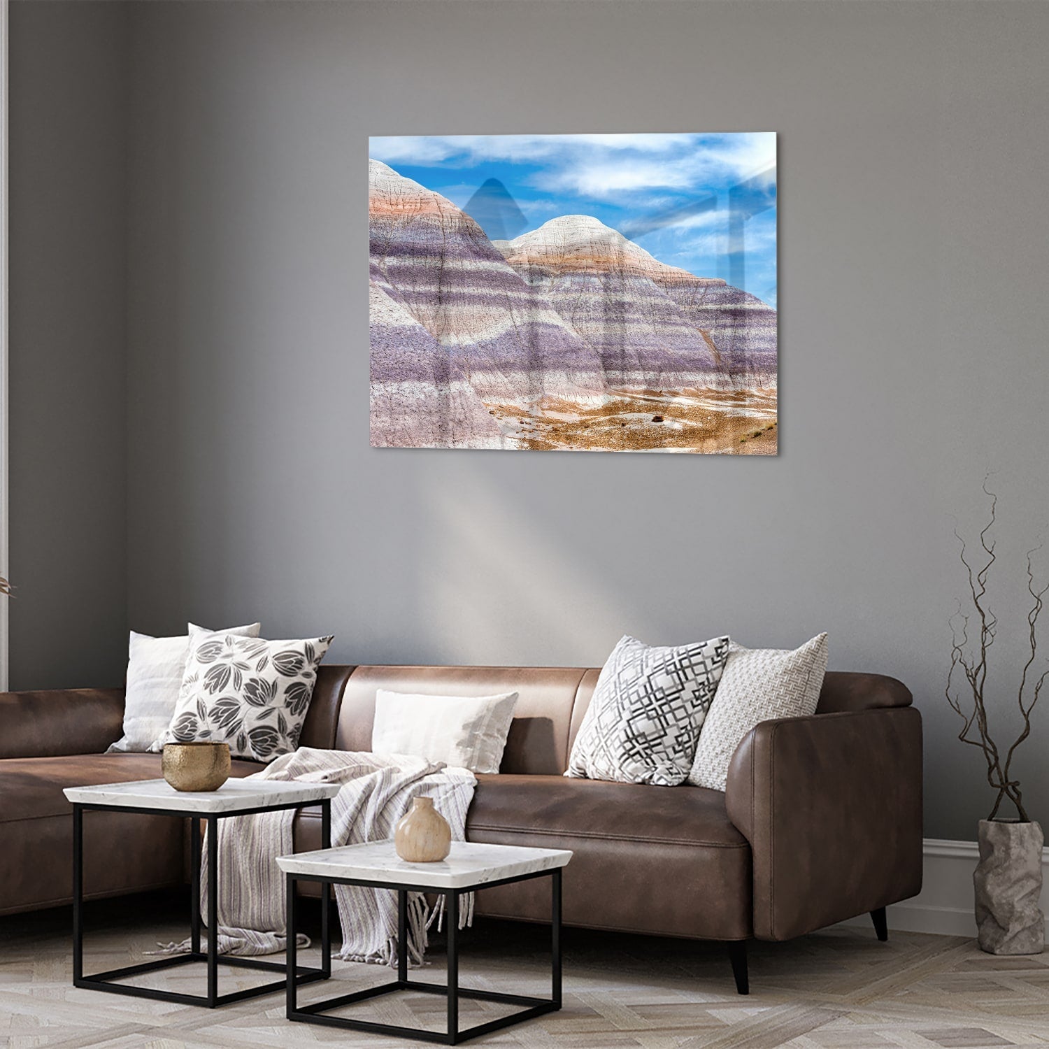 Wunderschönes Glasbild mit Bergen und Himmel