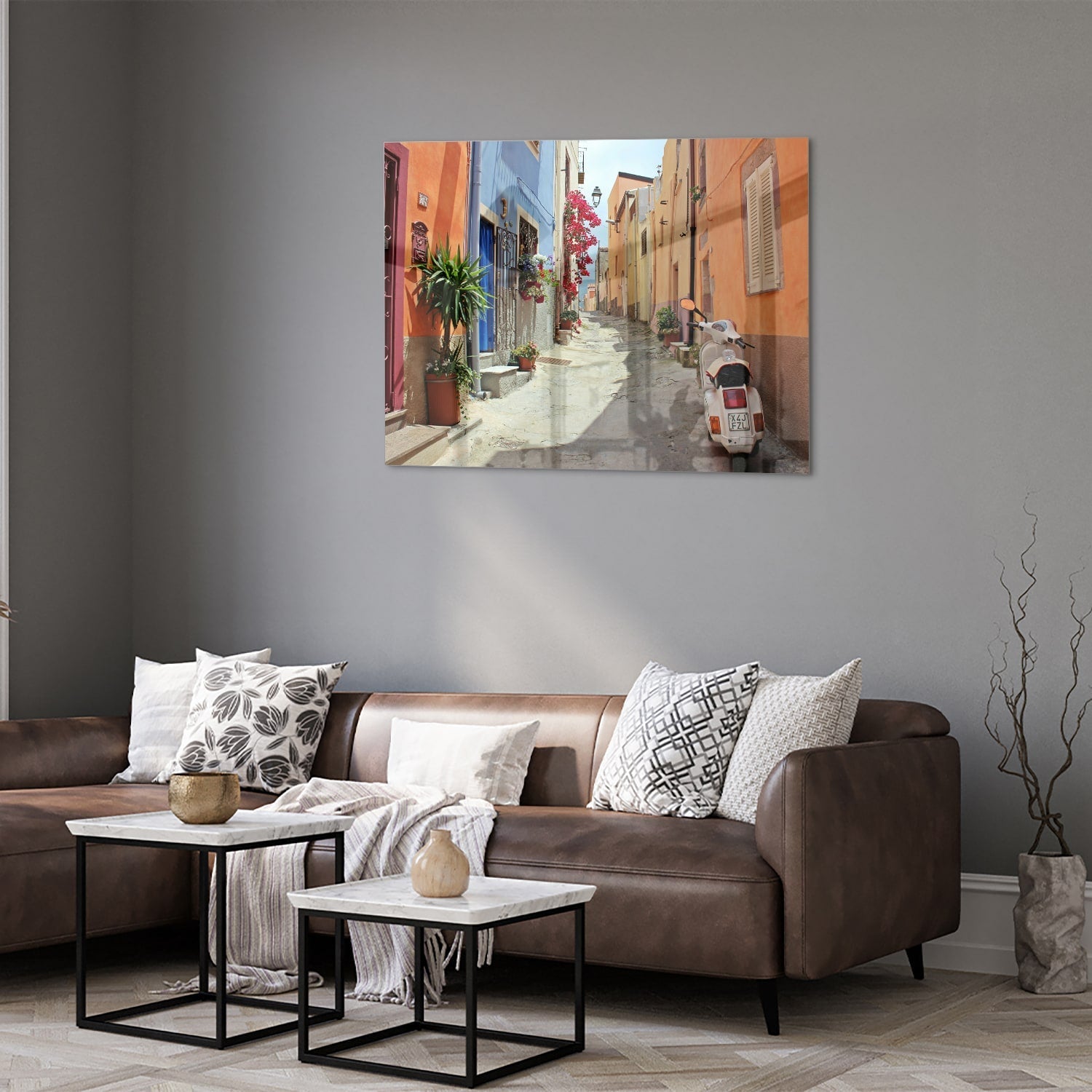 Buntes Glasbild mit Vespa auf einer Straße