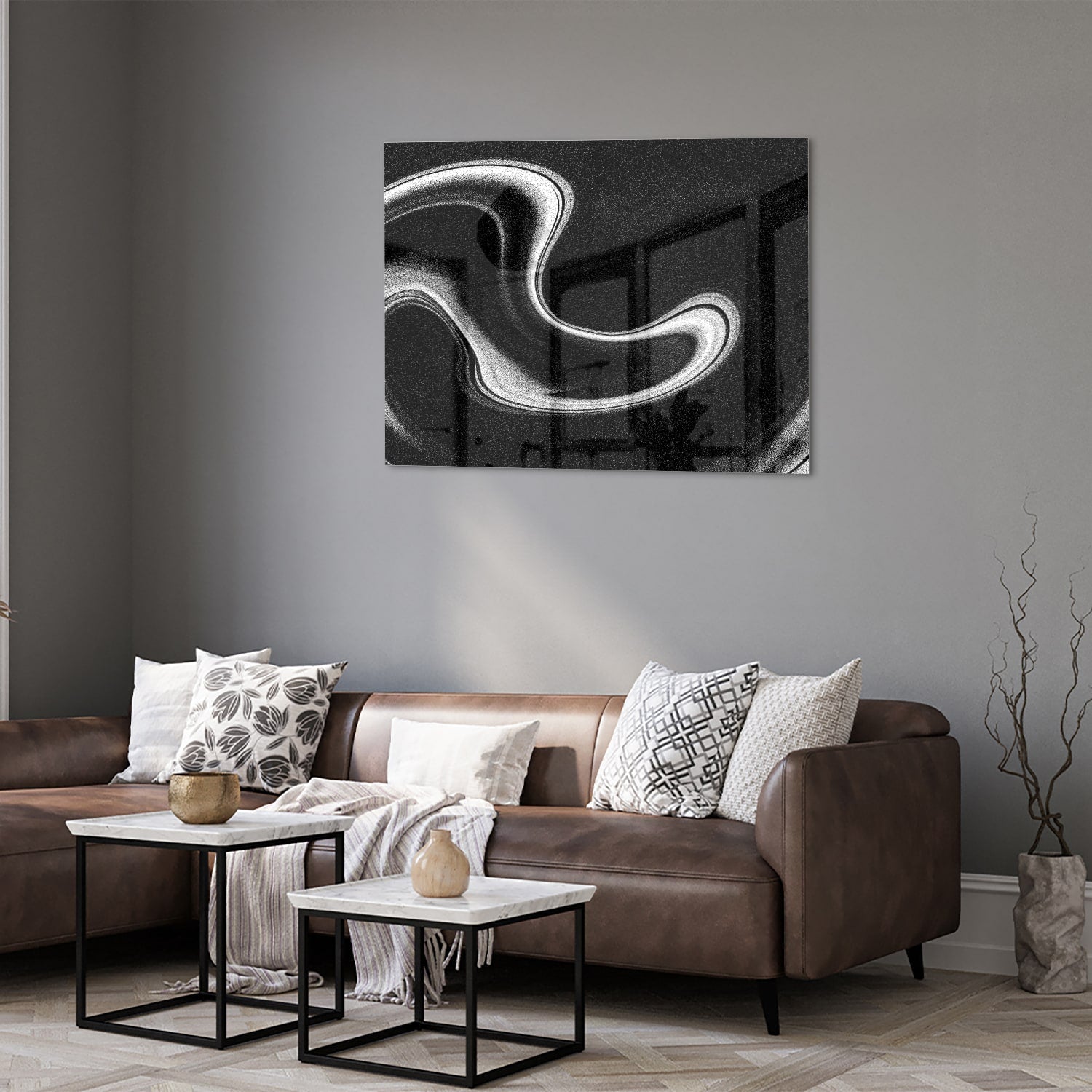 Schwarz-Weiß-Glasbild mit wellenförmigen Linien