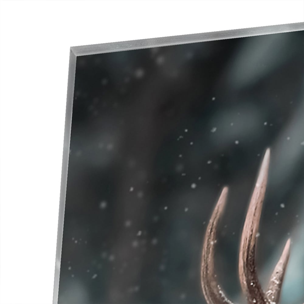 Glasbild mit majestätischem Hirsch in winterlicher Umgebung