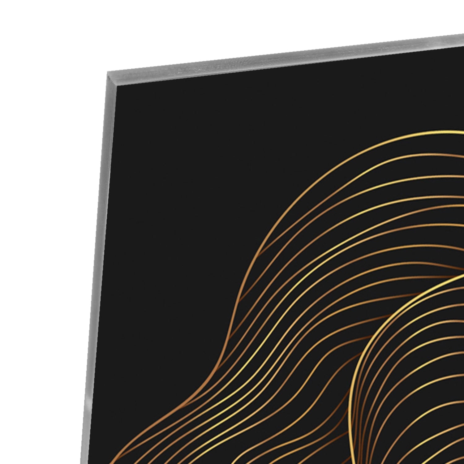 Abstraktes Glasbild mit goldener Sonne und schwarzem Design