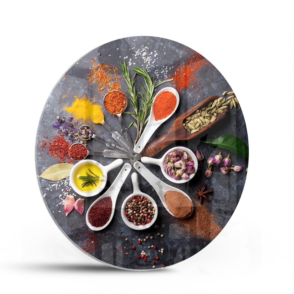Glasbild mit farbenfrohen Gewürzen – Glasbild aus Sicherheitsglas, Größe 140x70