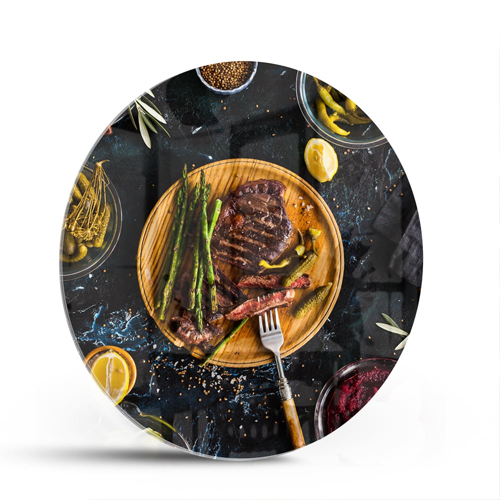 Kulinarisches Glasbild mit verführerischen Speisen – Glasbild aus Sicherheitsglas, Größe 140x70