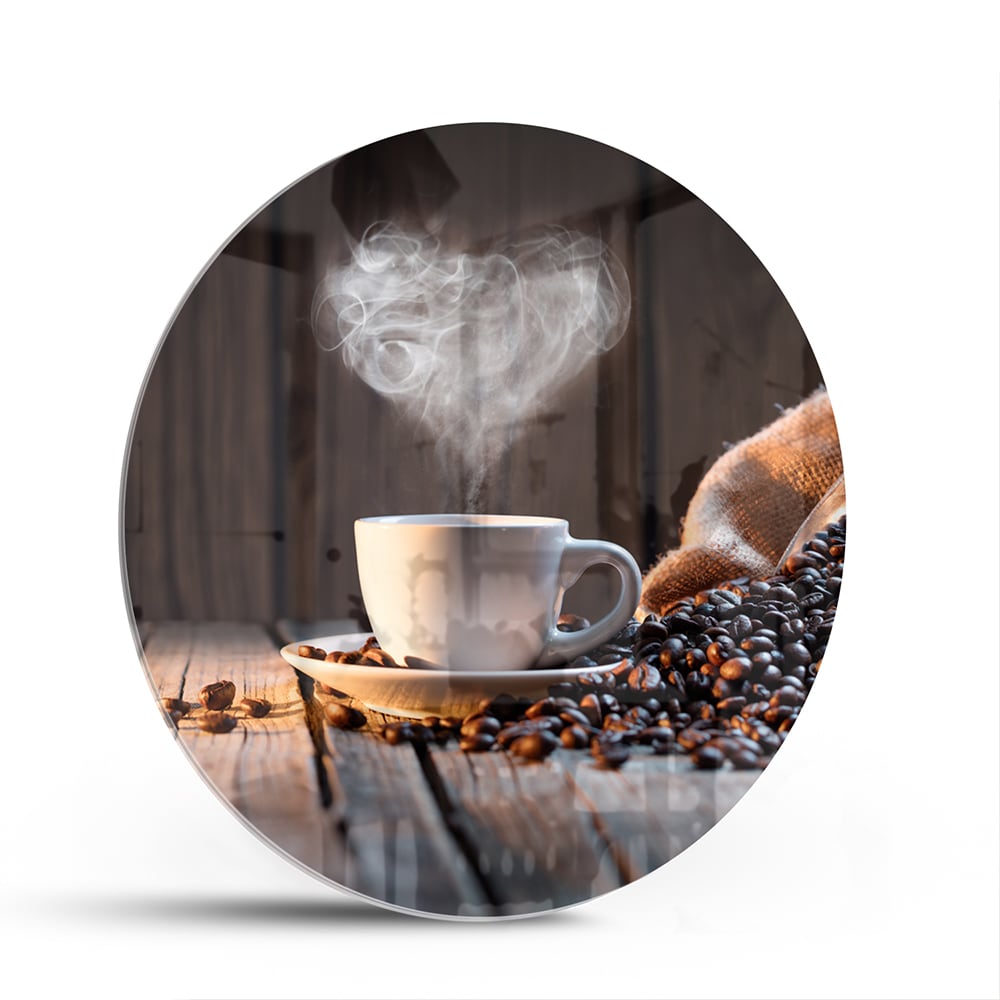 Stilvolles Glasbild mit Kaffee und Kaffeebohnen – Glasbild aus Sicherheitsglas, Größe 140x70