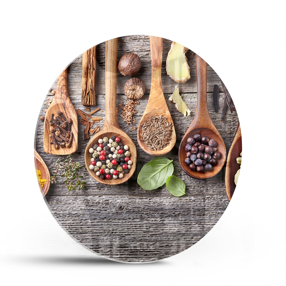 Glasbild mit natürlichen Rezepten im Löffel-Design – Glasbild aus Sicherheitsglas, Größe 140x70