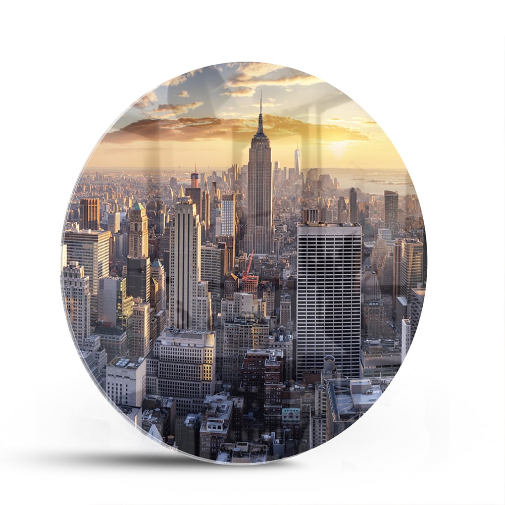 Glasbild mit atemberaubender Aussicht auf New York bei Sonnenuntergang – Glasbild aus Sicherheitsglas, Größe 140x70