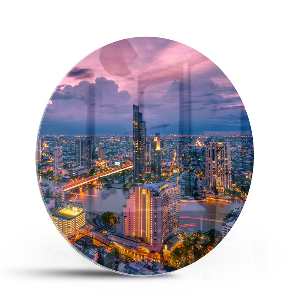Glasbild mit Stadtblick im Abendlicht – Glasbild aus Sicherheitsglas, Größe 140x70
