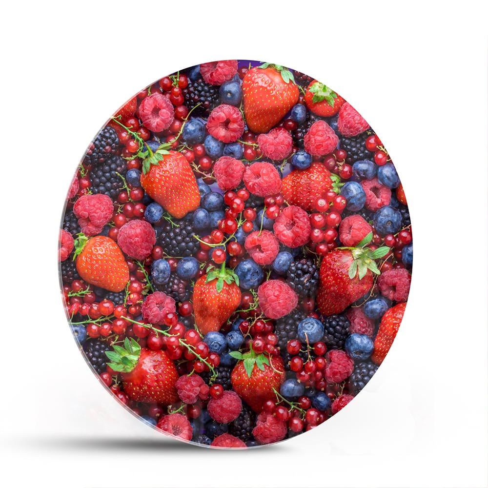 Farbenfrohes Glasbild mit Beeren und Früchten – Glasbild aus Sicherheitsglas, Größe 140x70