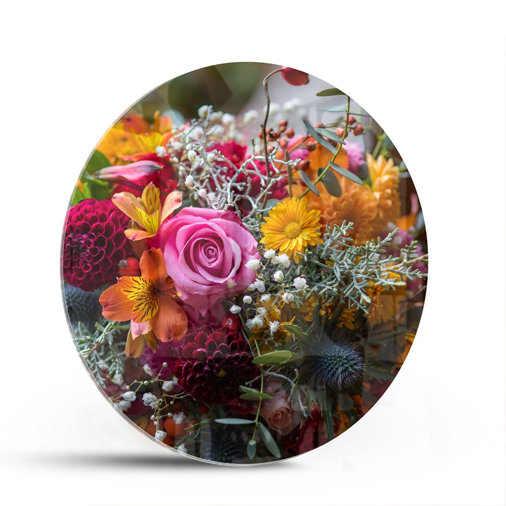 Farbenfrohes Glasbild mit einem Blumenstrauß – Glasbild aus Sicherheitsglas, Größe 140x70