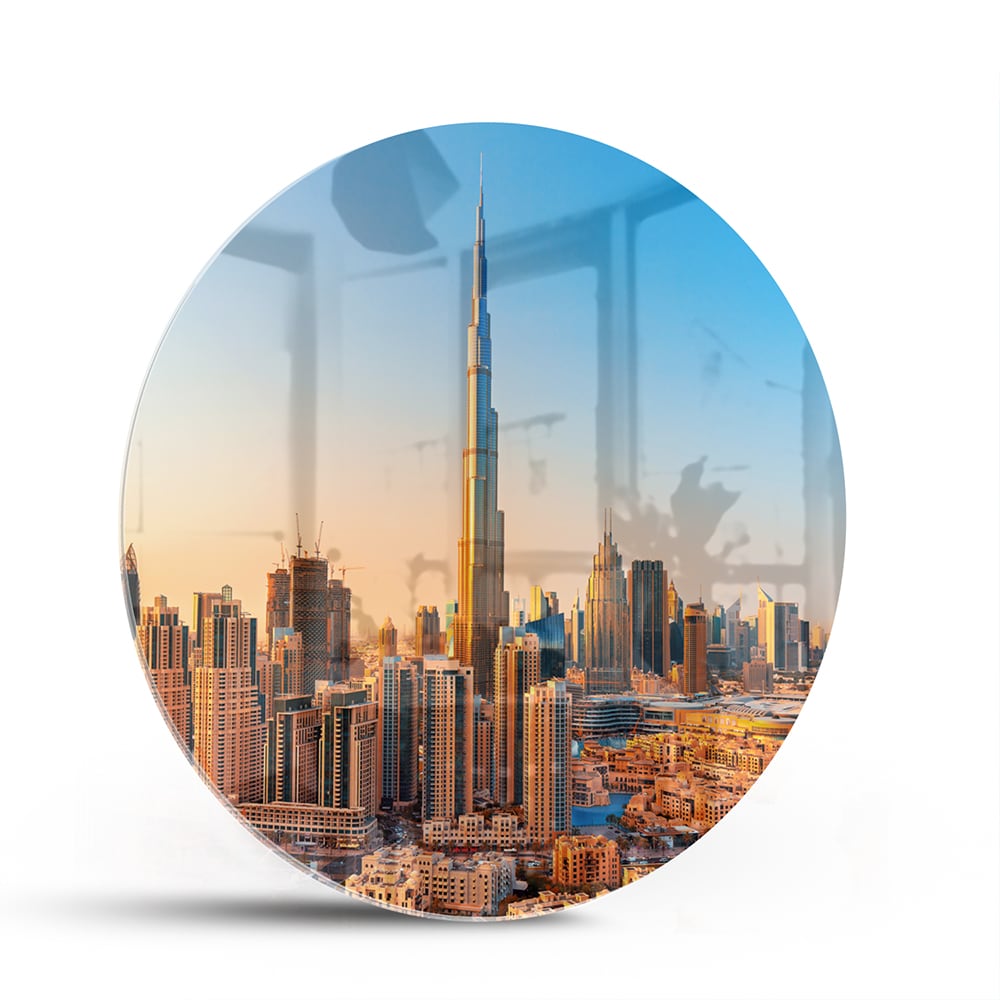 Modernes Glasbild mit Skyline Dubai – Glasbild aus Sicherheitsglas, Größe 140x70