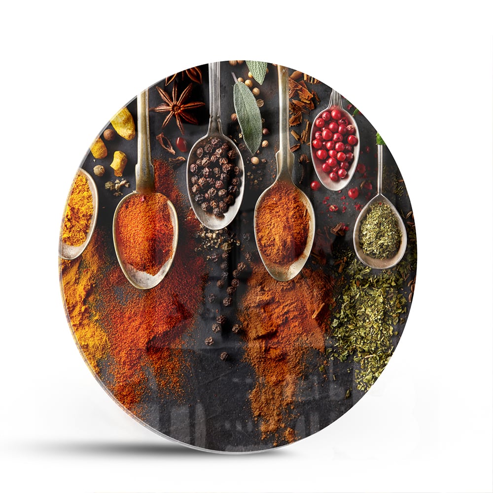 Farbenfrohes Glasbild mit Kräutern und Gewürzen – Glasbild aus Sicherheitsglas, Größe 140x70