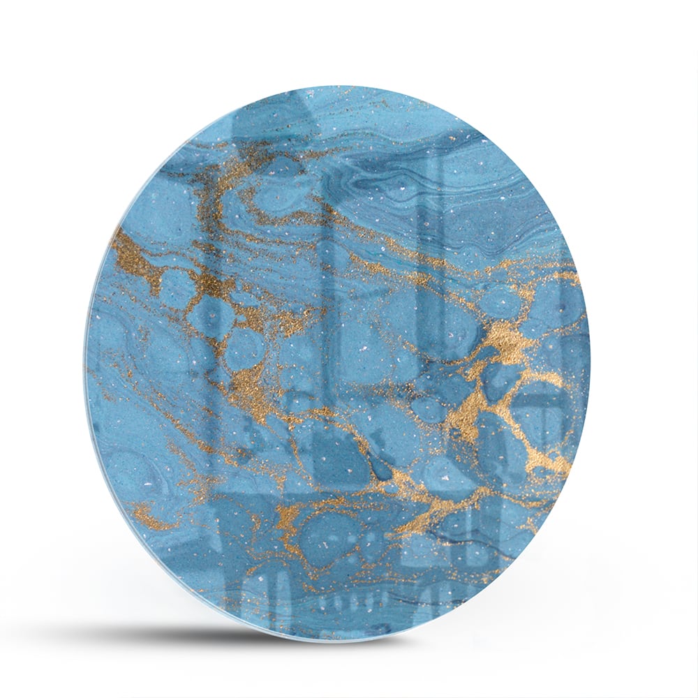 Elegantes Glasbild in blauen und goldenen Farbtönen – Glasbild aus Sicherheitsglas, Größe 140x70