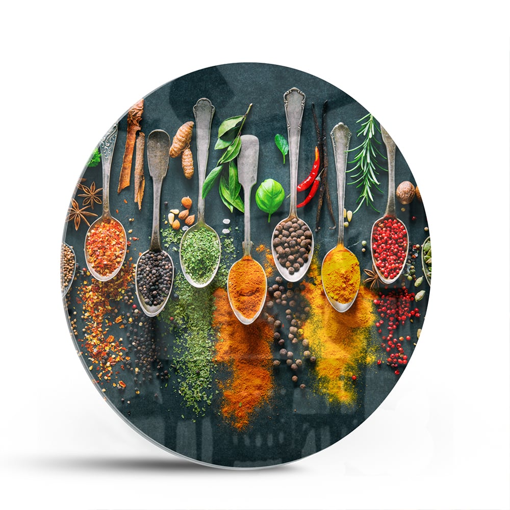 Farbenfrohes Glasbild mit Gewürzen und Kräutern – Glasbild aus Sicherheitsglas, Größe 140x70