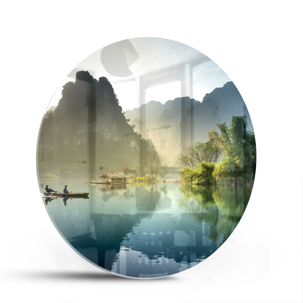 Rustikales Glasbild mit ruhigen Bergreflexionen – Glasbild aus Sicherheitsglas, Größe 140x70