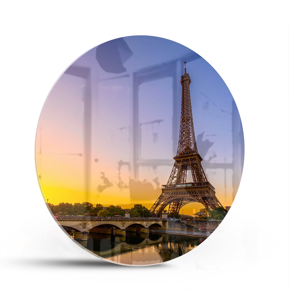 Glasbild mit dem Eiffelturm bei Sonnenuntergang – Glasbild aus Sicherheitsglas, Größe 140x70