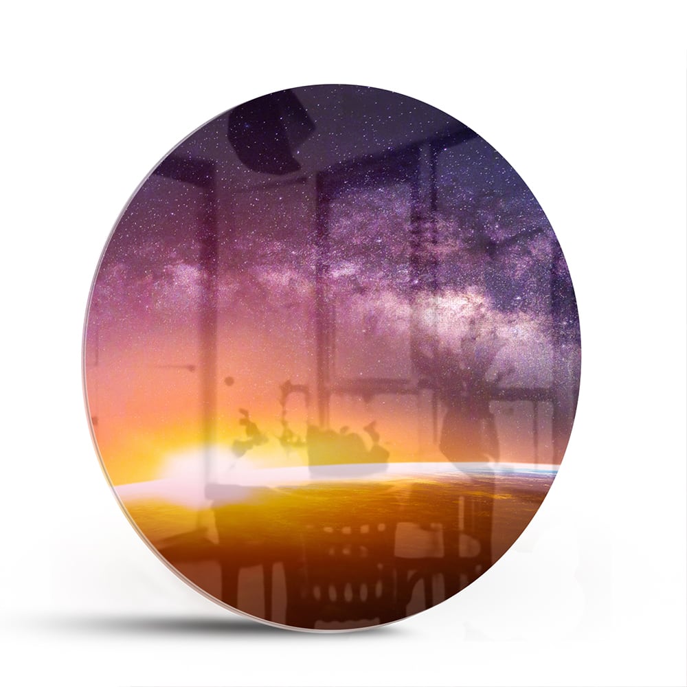 Glasbild mit einem Sternenhimmel bei Sonnenuntergang – Glasbild aus Sicherheitsglas, Größe 140x70