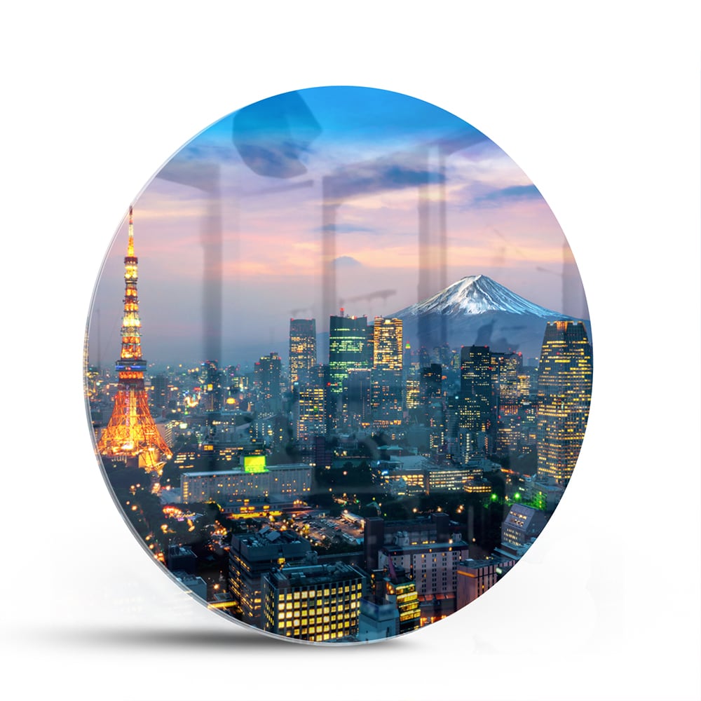 Glasbild mit Stadtpanorama, Fuji und Tokyo Tower – Glasbild aus Sicherheitsglas, Größe 140x70