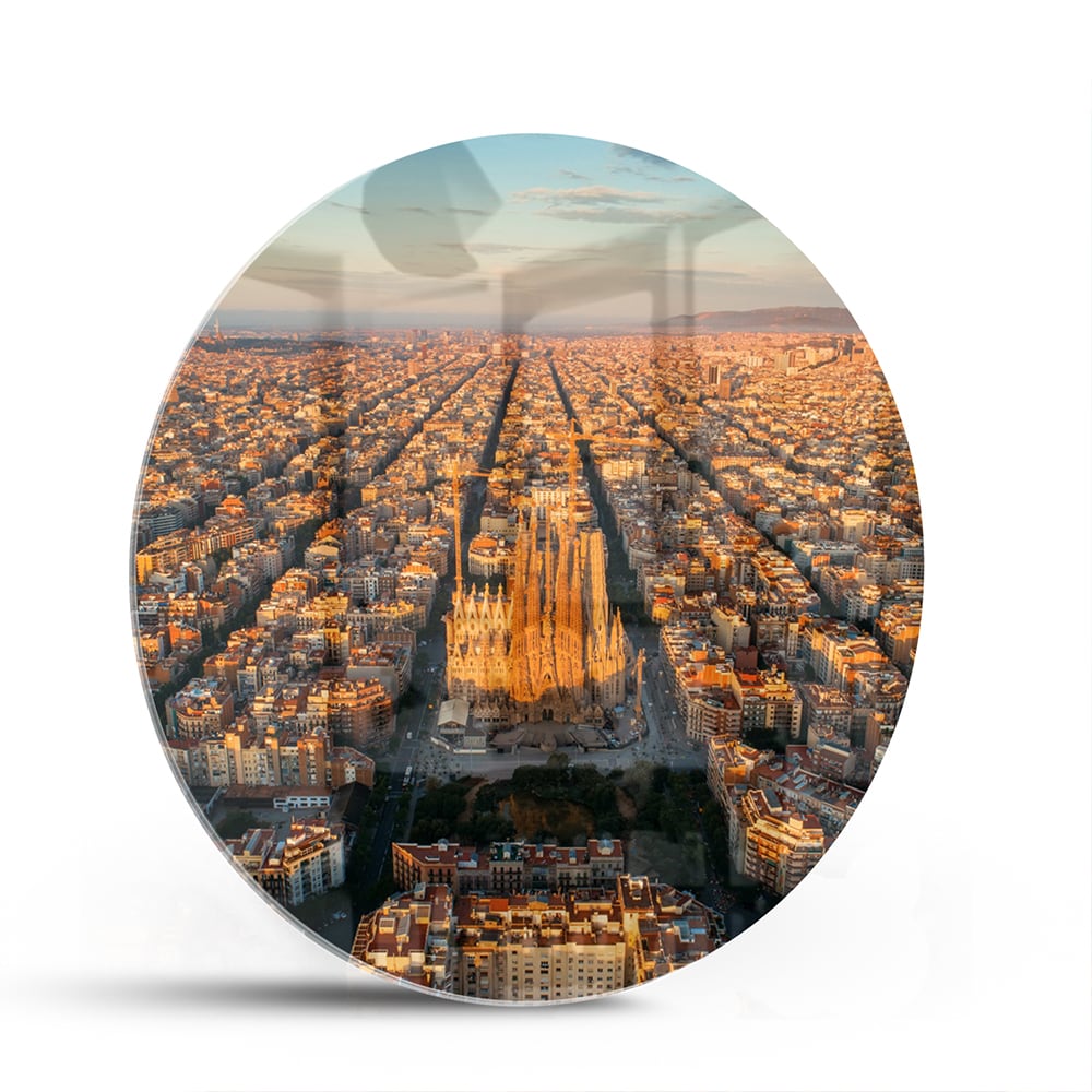 Glasbild mit atemberaubendem Stadtblick bei Sonnenuntergang – Glasbild aus Sicherheitsglas, Größe 140x70