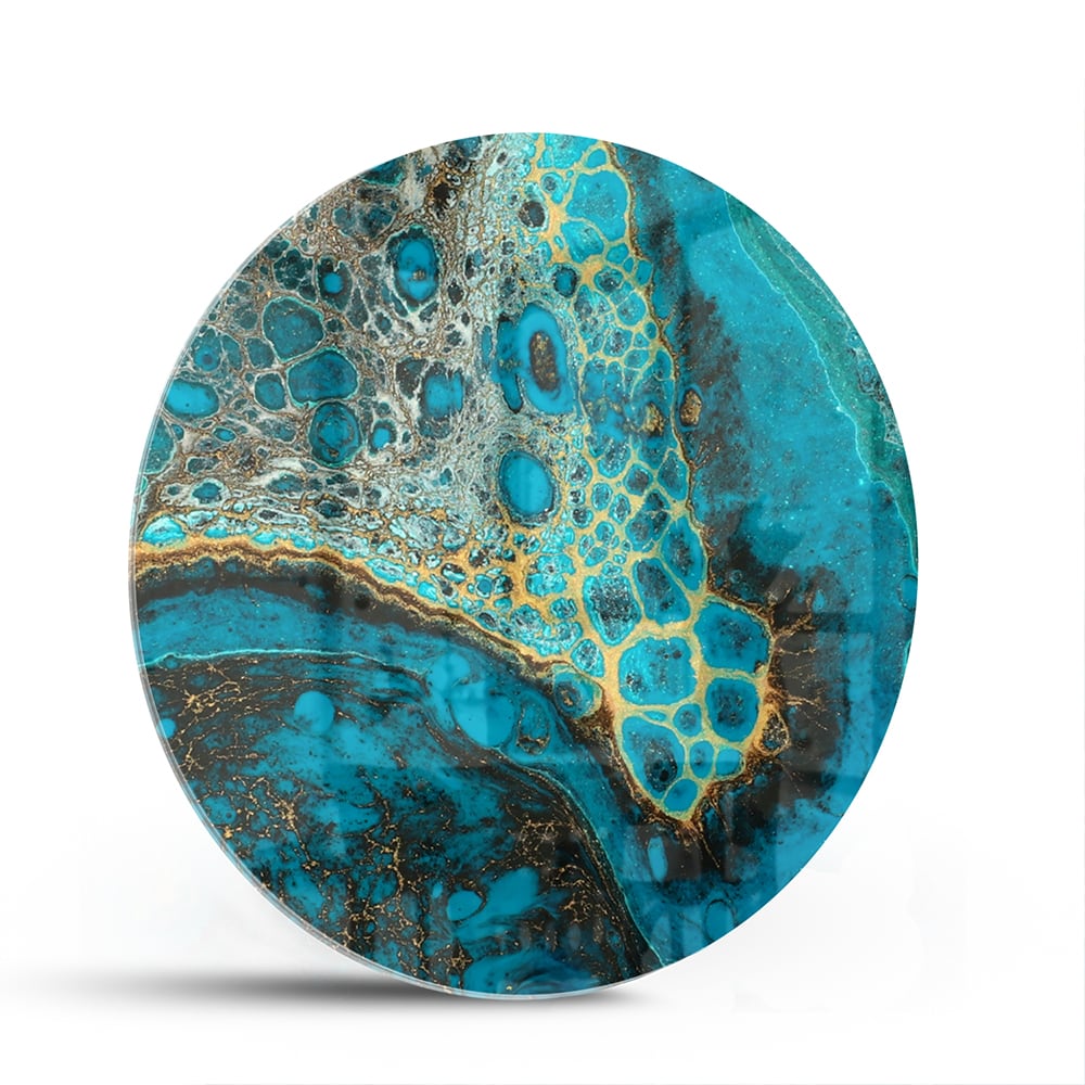 Abstraktes Glasbild in Türkis und Gold – Glasbild aus Sicherheitsglas, Größe 140x70