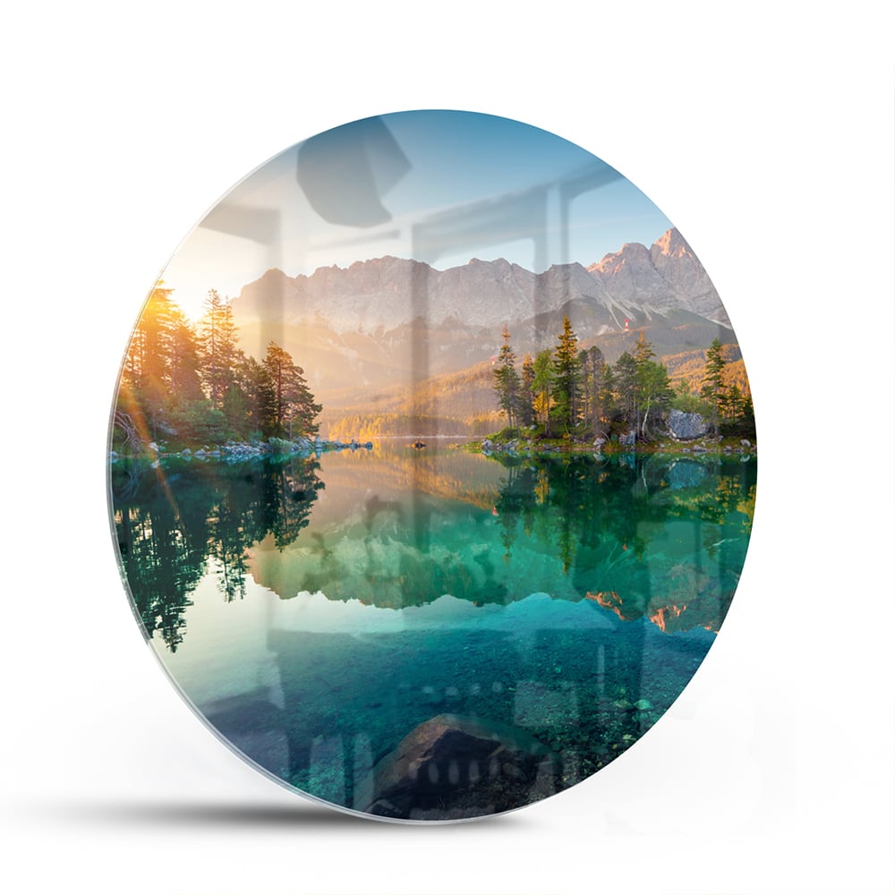 Wunderschönes Glasbild mit Berglandschaft und See – Glasbild aus Sicherheitsglas, Größe 140x70