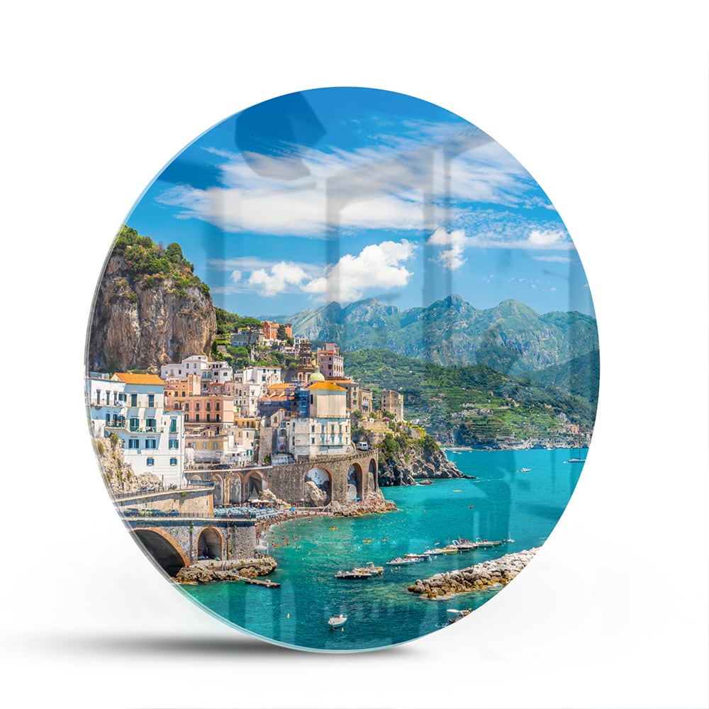 Glasbild mit blauem See und Bergen – Glasbild aus Sicherheitsglas, Größe 140x70