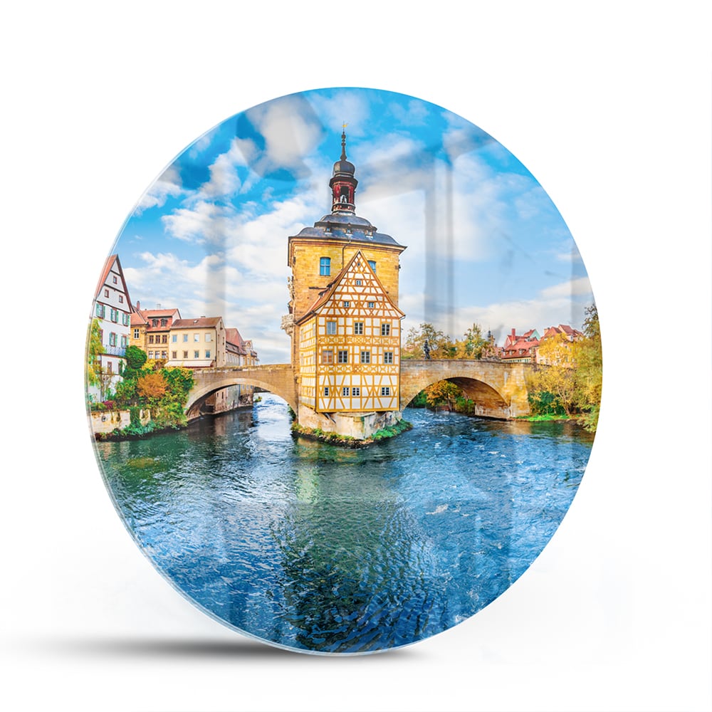 Glasbild mit malerischem Städtchen am Wasser – Glasbild aus Sicherheitsglas, Größe 140x70