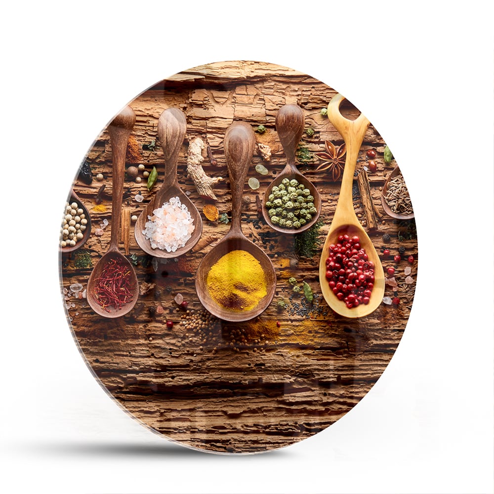 Buntes Glasbild mit Gewürzen und Löffelmotiven – Glasbild aus Sicherheitsglas, Größe 140x70