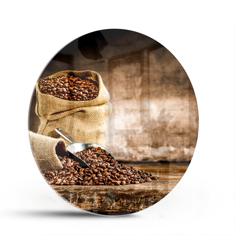 Glasbild mit Kaffee und Natur – Glasbild aus Sicherheitsglas, Größe 140x70