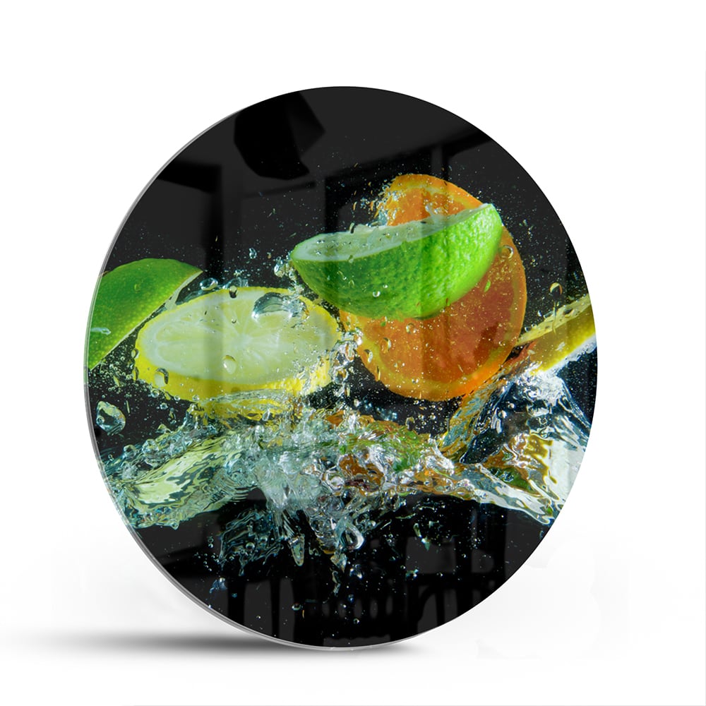 Glasbild mit farbenfrohen Zitrusfrüchten – Glasbild aus Sicherheitsglas, Größe 140x70